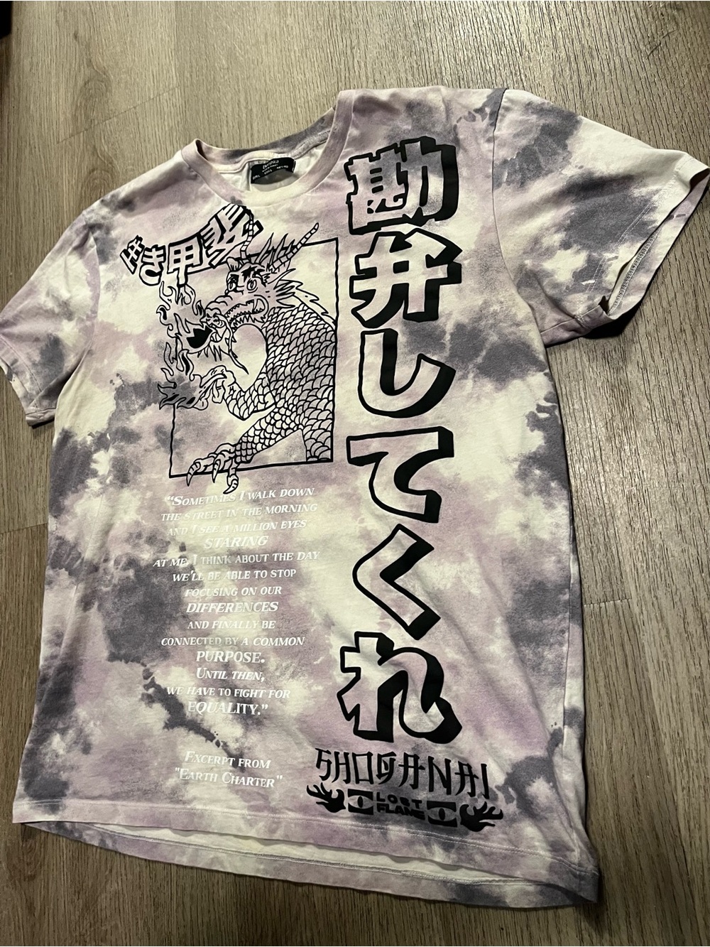 Bershka Purple Tie-Dye Tee with Black Dragon Graphic Japanese
